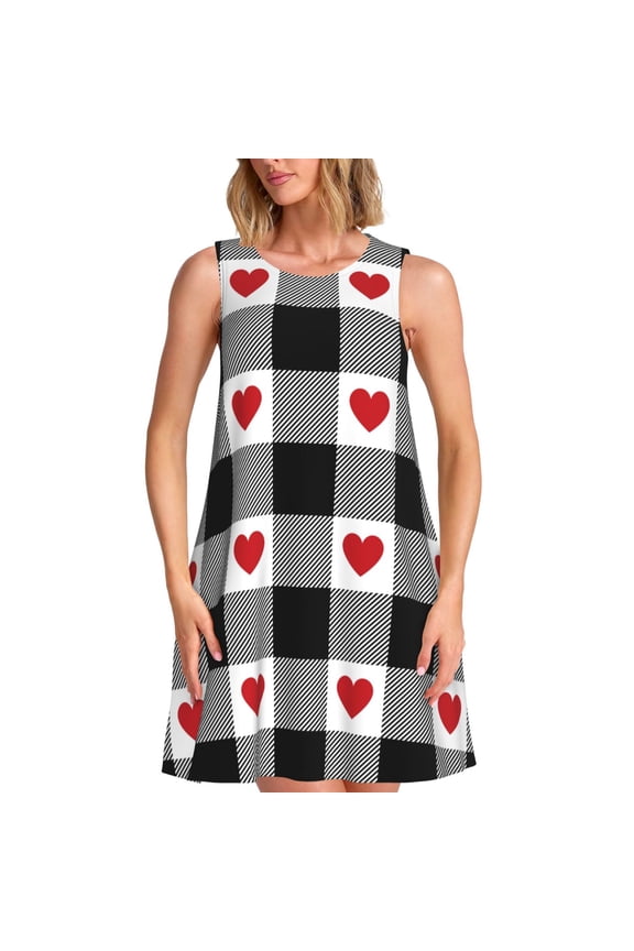 Heart Black Buffalo Plaid Gingham Print Summer Dresses for Women Casual U Neck Beach Dress Sleeveless Tank Loose Sundress with Pocket -Medium