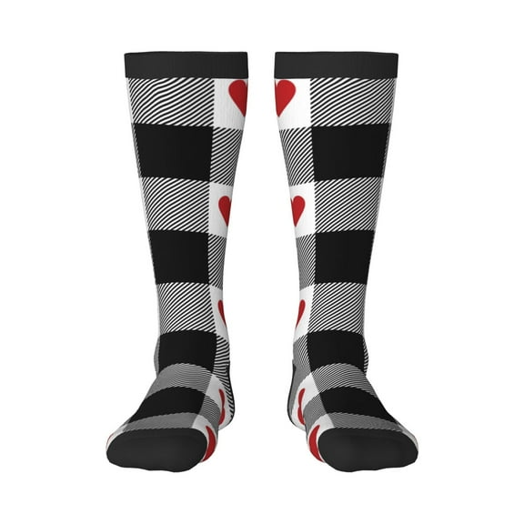 Vsdgher Heart Black Buffalo Plaid Gingham Print Thigh High Socks Extra Long Stretchy Sock Women Over Knee High Opaque Stocking Daily Wear