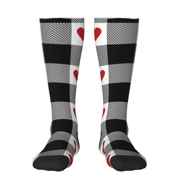 Vsdgher Heart Black Buffalo Plaid Gingham Print Thigh High Socks Extra Long Stretchy Sock Women Over Knee High Opaque Stocking Daily Wear