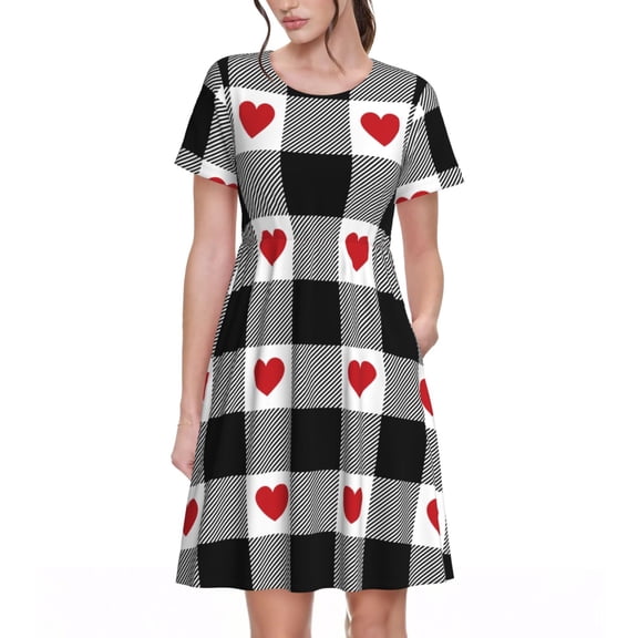 Vsdgher Heart Black Buffalo Plaid Gingham for Womens Summer 2025 Casual Midi Maxi Dresses Lightweight Short Sleeve Round Neck Beach Dress -3X-Large