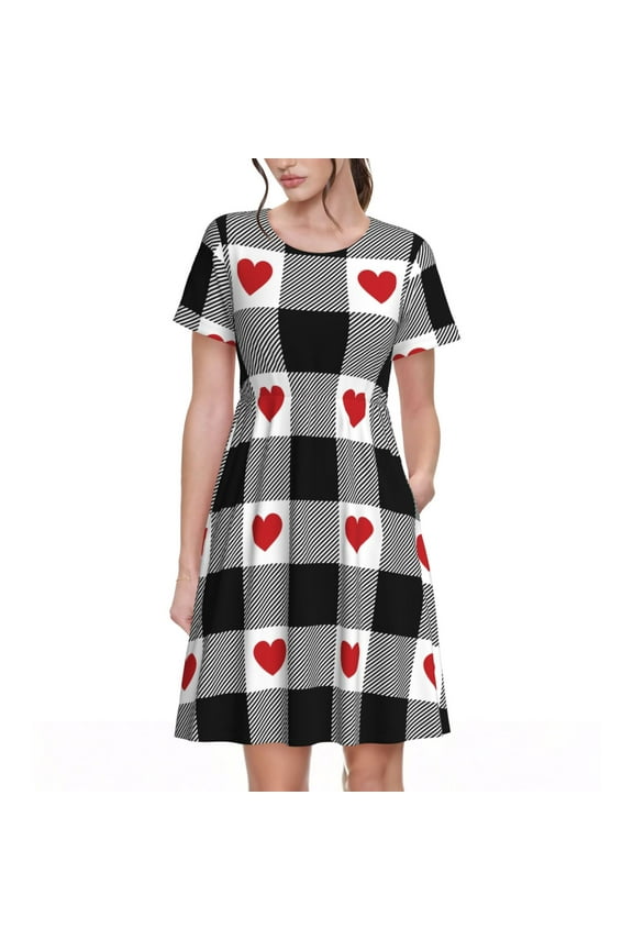 Heart Black Buffalo Plaid Gingham for Womens Summer 2025 Casual Midi Maxi Dresses Lightweight Short Sleeve Round Neck Beach Dress -3X-Large