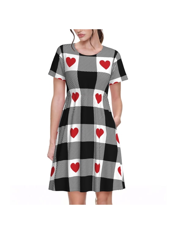Heart Black Buffalo Plaid Gingham for Womens Summer 2025 Casual Midi Maxi Dresses Lightweight Short Sleeve Round Neck Beach Dress -Medium