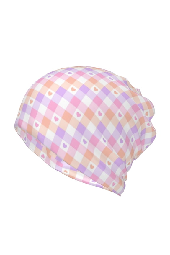 Heart Buffalo Plaid Slouchy Beanie Hat for Men/Women, Skull Cap Chemo Cap Night Sleeping Cap