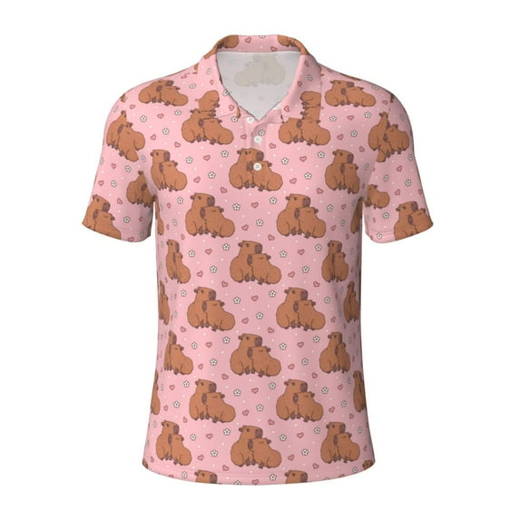 Vsdgher Heart Capybara Print Men's Short Sleeve Stretch Polo Shirt, Moisture-Wicking Performance Polo Shirt