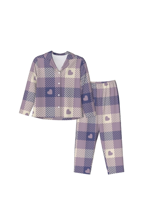Heart Check Plaid Pajamas Set Long Sleeve Sleepwear Womens Button Down Nightwear Pj Sets-XX-Large
