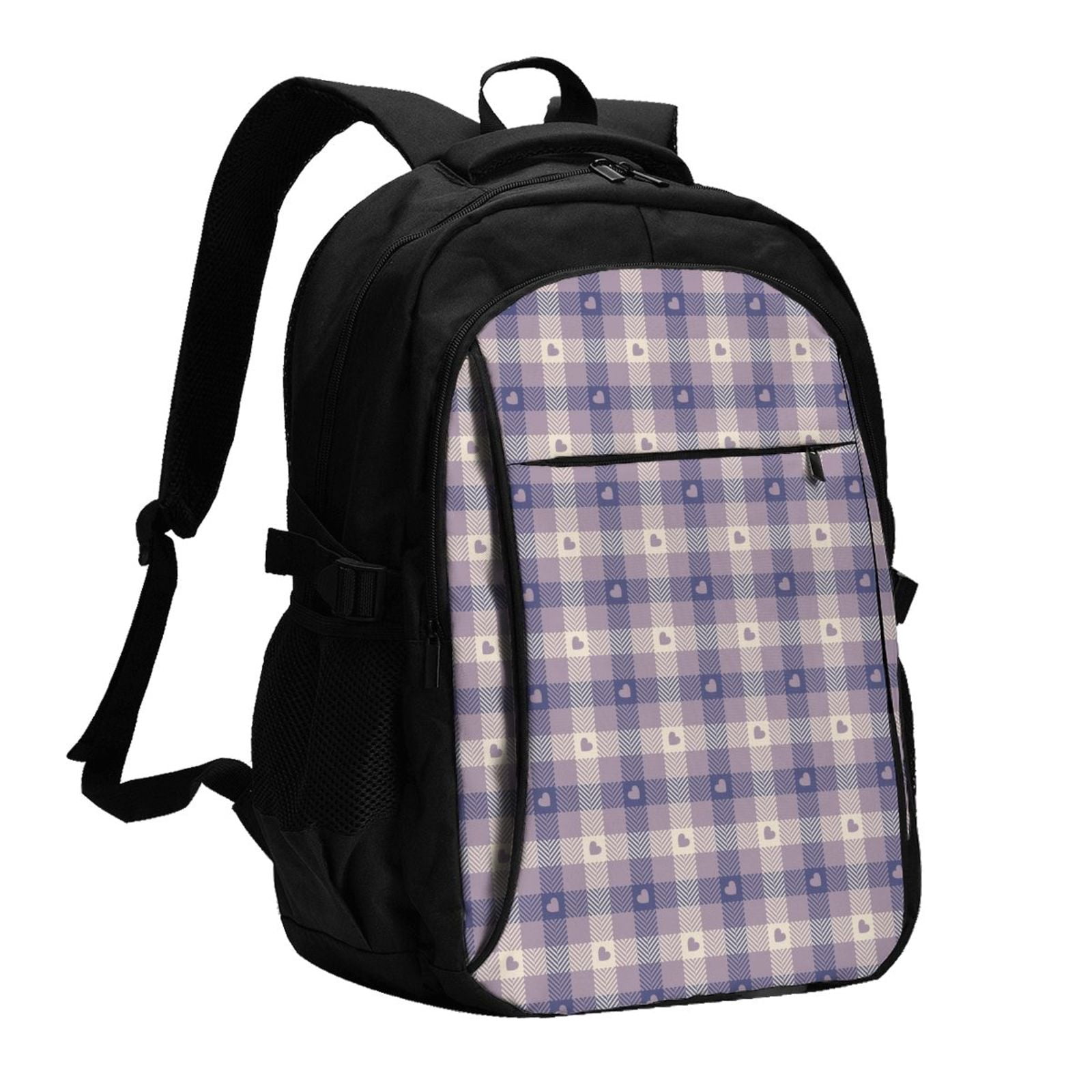 Vsdgher Heart Check Plaid Print Travel Laptop Backpack, Laptops Backpack with USB Charging Port, Water Resistant Computer Bag Gift for Men & Women