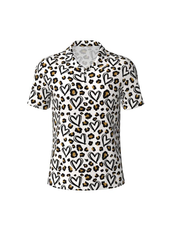 Heart Leopard Print Men's Short Sleeve Stretch Polo Shirt, Moisture-Wicking Performance Polo Shirt