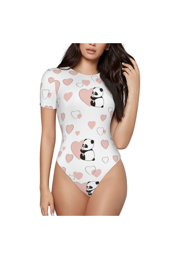 Heart Panda Prinr Short Sleeve Body suit for Womens, Sexy Onesie One Piece Round Neck Bodysuit Shapewear Tummy Control-Large
