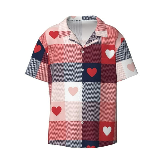 Vsdgher Heart Plaid Print Men's Wrinkle Free Untucked Cuban Shirt Business Casual Button Down Shirts Short Sleeve Shirt