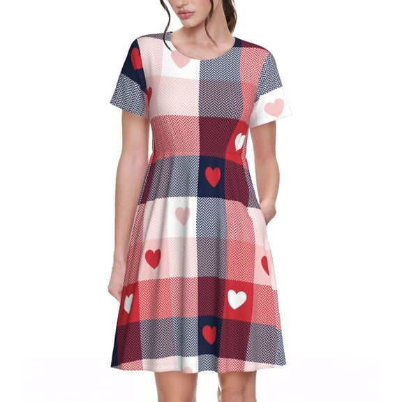 Vsdgher Heart Plaid for Womens Summer 2025 Casual Midi Maxi Dresses Lightweight Short Sleeve Round Neck Beach Dress -X-Large