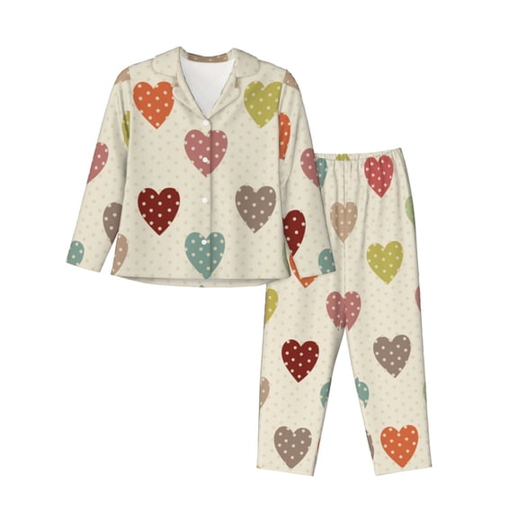 Vsdgher Heart Polka Dot Pajamas Set Long Sleeve Sleepwear Womens Button Down Nightwear Pj Sets-Large