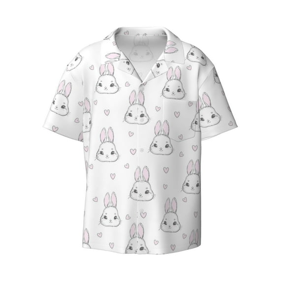 Vsdgher Heart Rabbit Print Men's Wrinkle Free Untucked Cuban Shirt Business Casual Button Down Shirts Short Sleeve Shirt