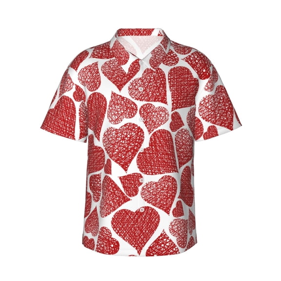 Vsdgher Hearts Print Men's Hawaiian Shirts Button Down Tropical Holiday Beach Shirts Vacation Clothes,XX-Large