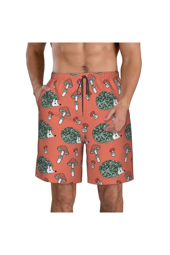 Hedgehog Mushroom Men's Beach Shorts, Surfing shorts, Swim trunks, Quick Dry Swim Trunks for Surfing Beach Fun -Large