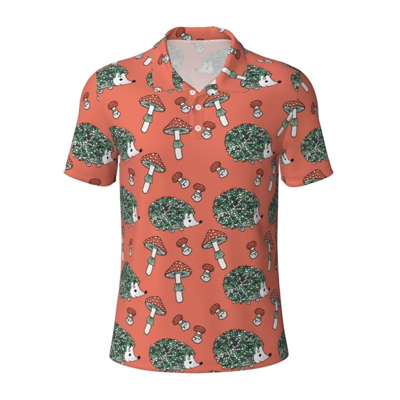 Vsdgher Hedgehog Mushroom Print Men's Short Sleeve Stretch Polo Shirt, Moisture-Wicking Performance Polo Shirt