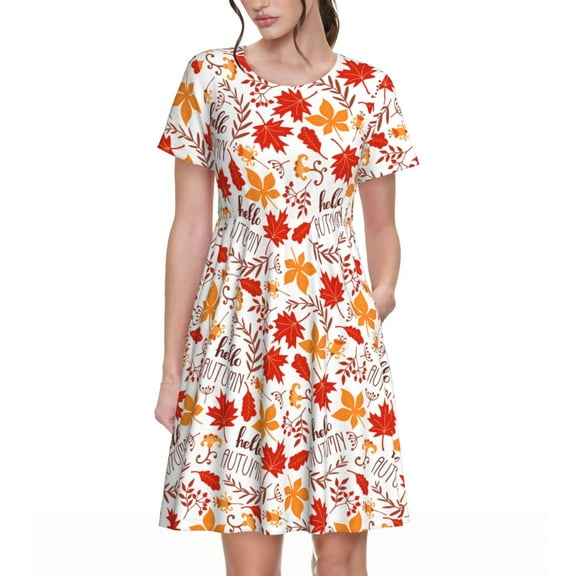 Vsdgher Hello Autumn Maple Leaf for Womens Summer 2025 Casual Midi Maxi Dresses Lightweight Short Sleeve Round Neck Beach Dress -Medium