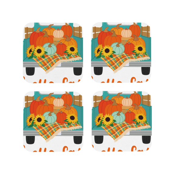 Vsdgher Hello Fall Farm Truck Leather Coasters for Drinks, Durable Drink Coasters 4 Set for Tabletop Protection, Luxurious Home Décor and Housewarming Gift-Square