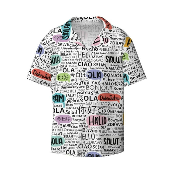 Vsdgher Hello Print Men's Wrinkle Free Untucked Cuban Shirt Business Casual Button Down Shirts Short Sleeve Shirt