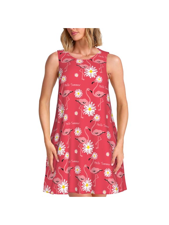 Hello Summer Flamingo Print Summer Dresses for Women Casual U Neck Beach Dress Sleeveless Tank Loose Sundress with Pocket -3X-Large