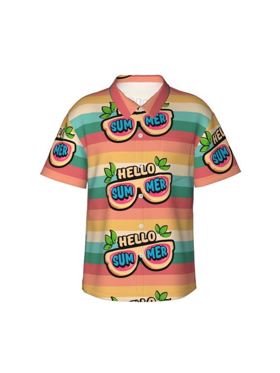 Hello Summer Print Men's Hawaiian Shirts Button Down Tropical Holiday Beach Shirts Vacation Clothes,