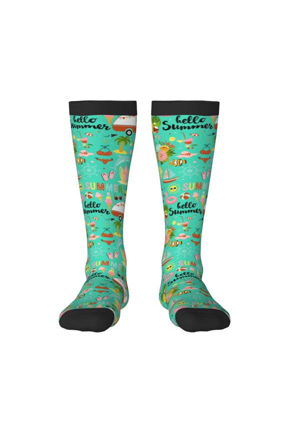 Hello Summer Print Thigh High Socks Extra Long Stretchy Sock Women Over Knee High Opaque Stocking Daily Wear
