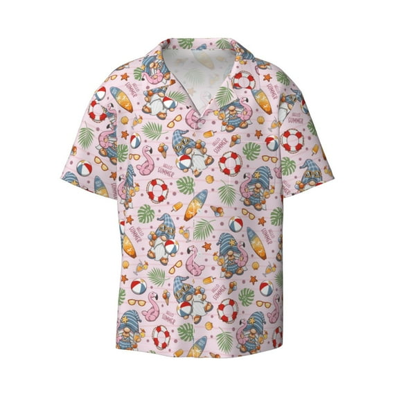 Vsdgher Hello Summer With Gnome Print Men's Wrinkle Free Untucked Cuban Shirt Business Casual Button Down Shirts Short Sleeve Shirt