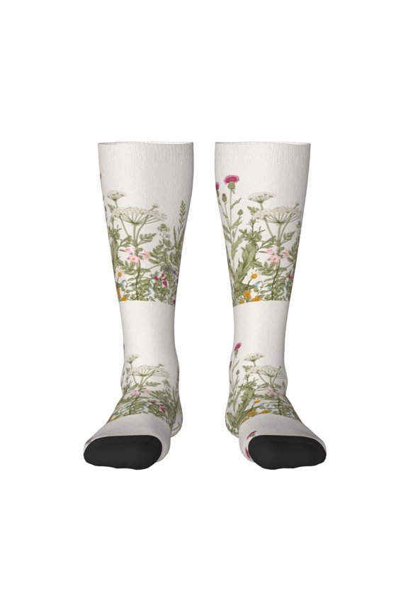 Herbs and Wildflowers Print Thigh High Socks Extra Long Stretchy Sock Women Over Knee High Opaque Stocking Daily Wear