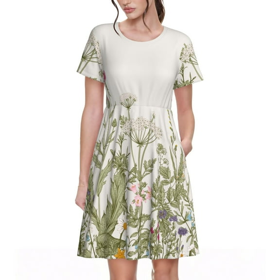 Vsdgher Herbs and Wildflowers for Womens Summer 2025 Casual Midi Maxi Dresses Lightweight Short Sleeve Round Neck Beach Dress -Large
