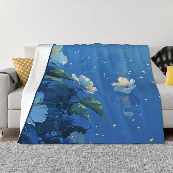 Vsdgher Hibiscus Flowers Calm Water Pattern Fleece Throw Blanket, Horizontal Fleece Bedding Home Decor for Couch & Bed All Season Use -60"x50"