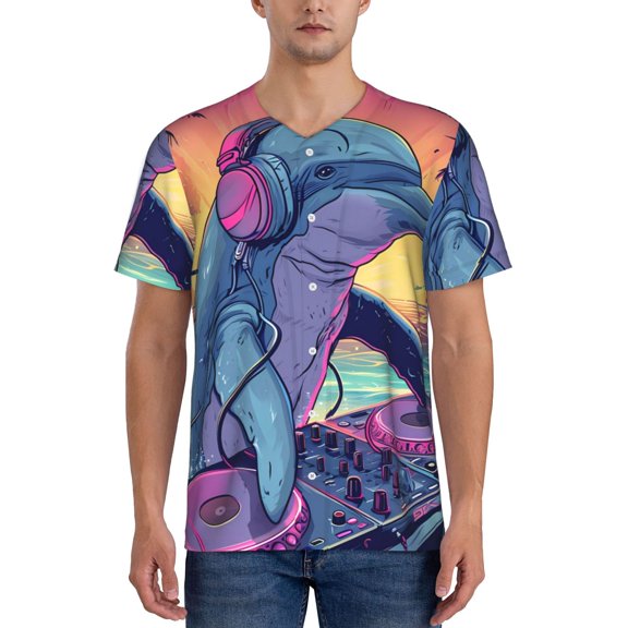 Vsdgher Hip-Hop DJ Dolphin Mens T-Shirts Baseball Vintage Fashionable Lightweight Casual Crew Neck Slim Fit with Long Sleeves-Large
