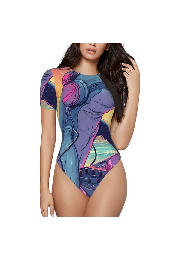 Hip-Hop DJ Dolphin Prinr Short Sleeve Body suit for Womens, Sexy Onesie One Piece Round Neck Bodysuit Shapewear Tummy Control-X-Large