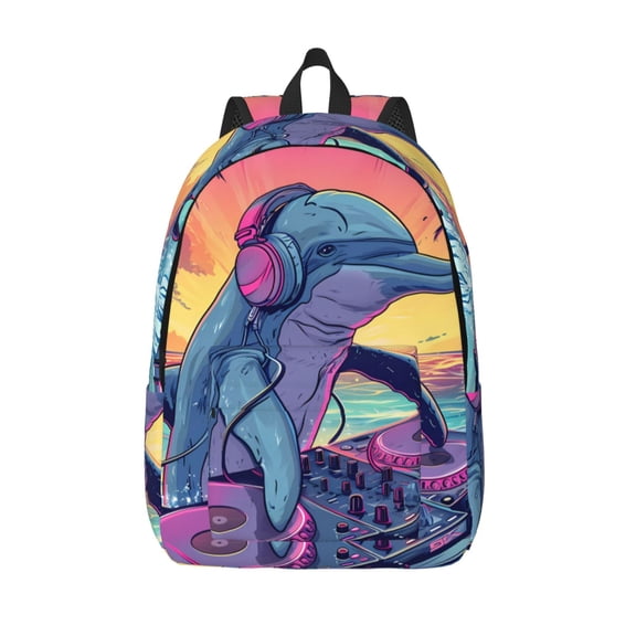 Vsdgher Hip-Hop DJ Dolphin Print Canvas Backpack Travel Rucksack Unisex Knapsack 15.7/17.7Inch Laptop Backpack for Work,College -Medium