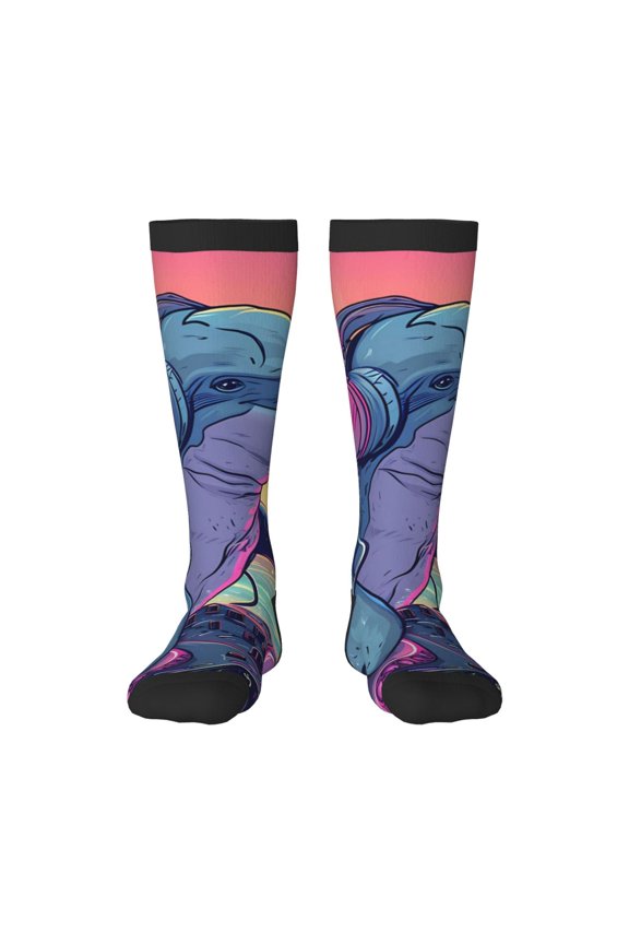 Hip-Hop DJ Dolphin Print Thigh High Socks Extra Long Stretchy Sock Women Over Knee High Opaque Stocking Daily Wear