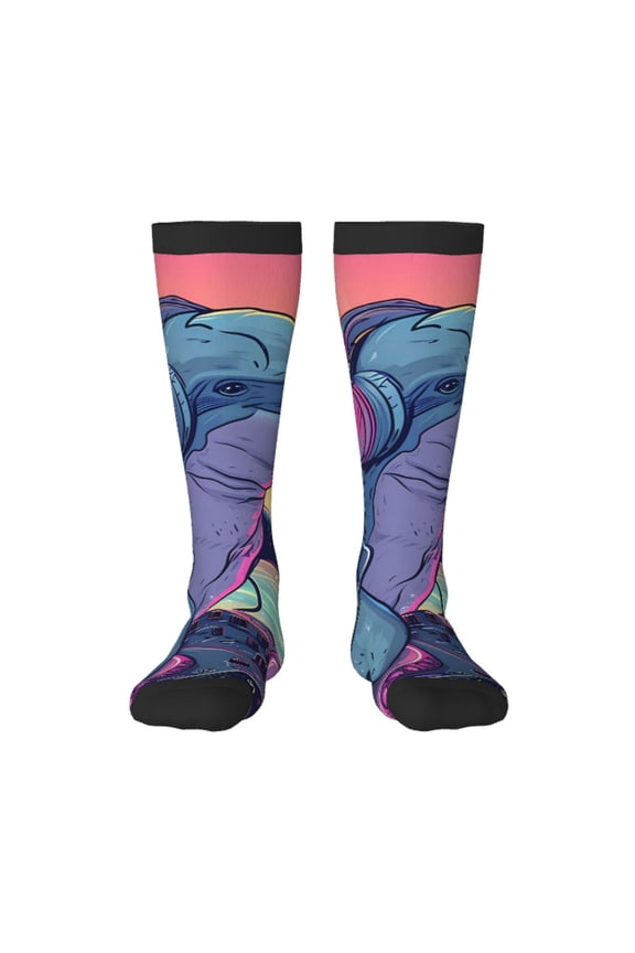 Hip-Hop DJ Dolphin Print Thigh High Socks Extra Long Stretchy Sock Women Over Knee High Opaque Stocking Daily Wear