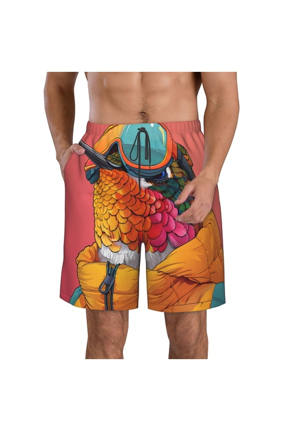 Hip Hummingbird In Jacket Men's Beach Shorts, Surfing shorts, Swim trunks, Quick Dry Swim Trunks for Surfing Beach Fun -Medium