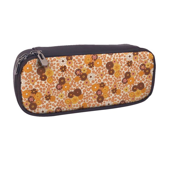 Vsdgher Hippie Ditsy Floral Print Pen Case Leather Pencil Pouch Markers Holder Big Capacity Bag with Zippered Pocket for Stationery Tool