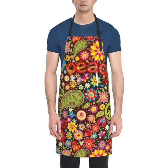 Vsdgher Hippie Peace Love Waterproof Apron with 2 Pockets Kitchen Chef Aprons Bibs for Grooming Cooking Baking Painting Gardening