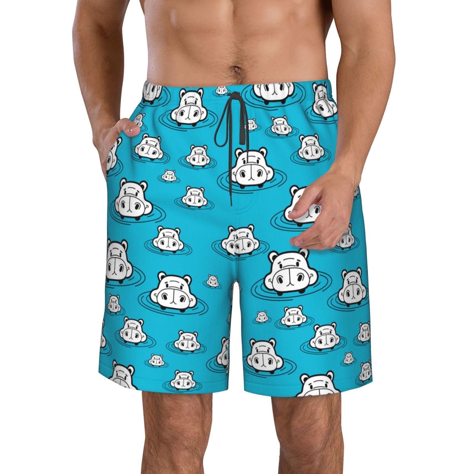 Vsdgher Hippo In Water Head Men's Beach Shorts, Surfing shorts, Swim trunks, Quick Dry Swim Trunks for Surfing Beach Fun -Large