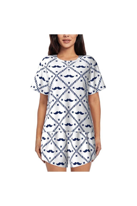 Hipster Mustache Pattern Womens Pajamas 2 Piece Short Sleeve Sleepwear Set,Summer Soft Pajamas Set Casual Lounge Sets, 2-Piece Pj -X-Large
