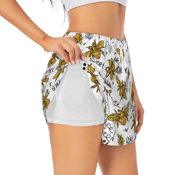 Vsdgher Hohey Bee Golden2 Print Women's Running Double Layer Shorts High Waisted with Pockets Elastic Yoga Workout Athletic Gym Sports