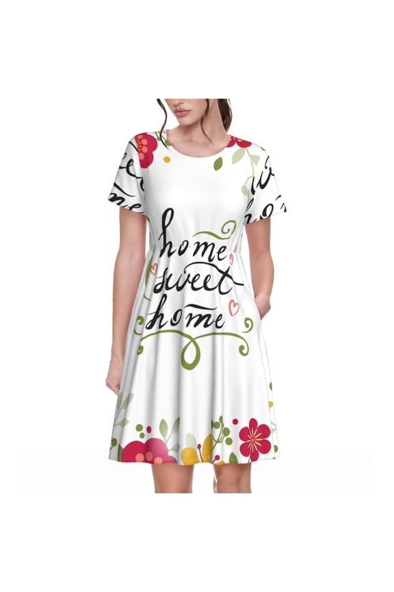 Home Sweet Home Floral for Womens Summer 2025 Casual Midi Maxi Dresses Lightweight Short Sleeve Round Neck Beach Dress -XX-Large