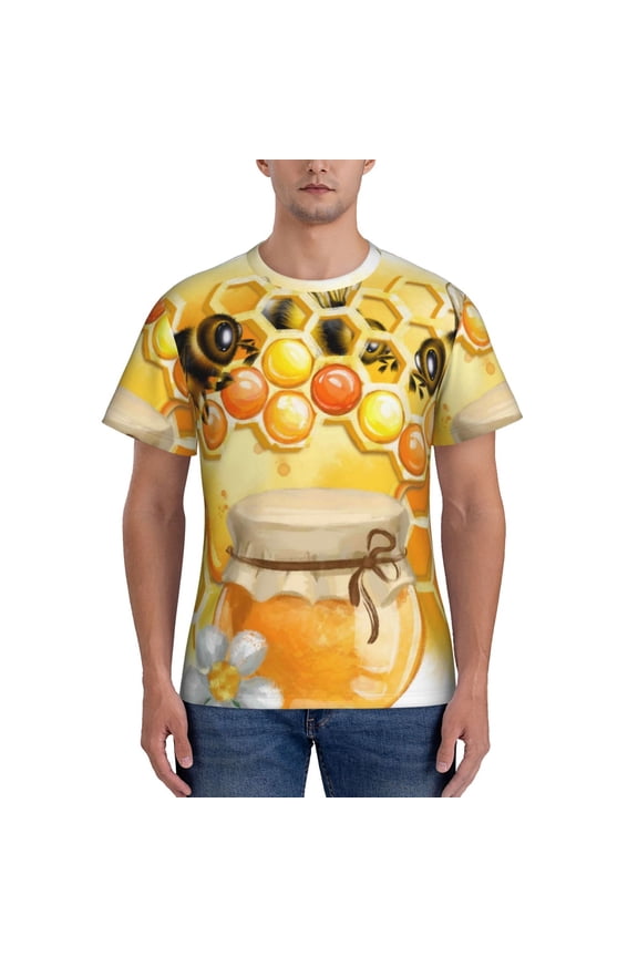 Honey Bee Print Men's Dry Fit Mesh Athletic Shirts Moisture Wicking Tennis T-Shirt Tops