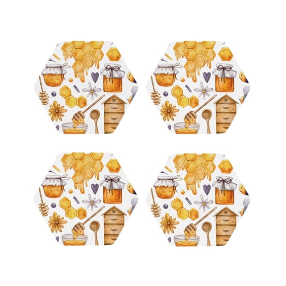 Vsdgher Honey Bee Set Leather Coasters for Drinks, Durable Drink Coasters 4 Set for Tabletop Protection, Luxurious Home Décor and Housewarming Gift ( {designName})Hexagon