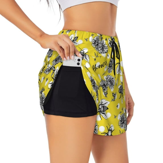 Vsdgher Honeybee Print Women's Running Double Layer Shorts High Waisted with Pockets Elastic Yoga Workout Athletic Gym Sports