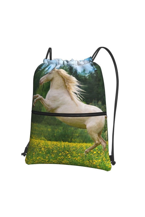 Horse Rearing Up In The Field Drawstring Backpack Water Resistant String Bag Sports Sackpack Gym Sack for Men Women