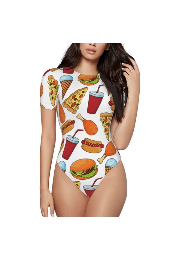 Hot Dog Burger Prinr Short Sleeve Body suit for Womens, Sexy Onesie One Piece Round Neck Bodysuit Shapewear Tummy Control-Large