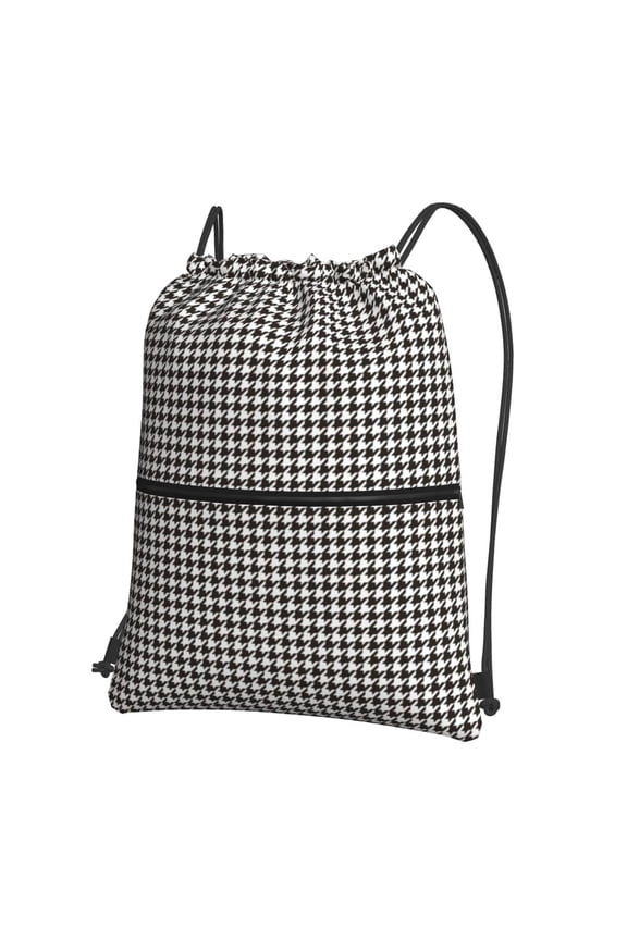 Houndstooth Black And White Drawstring Backpack Water Resistant String Bag Sports Sackpack Gym Sack for Men Women