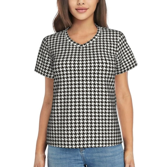 Vsdgher Houndstooth Black And White Women Shirts V Neck Short Sleeve Tops T-Shirt Basic Tees, S to 3XLSmall