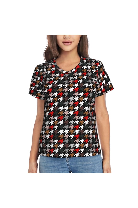 Houndstooth Green Red Women Shirts V Neck Short Sleeve Tops T-Shirt Basic Tees, S to 3XLMedium