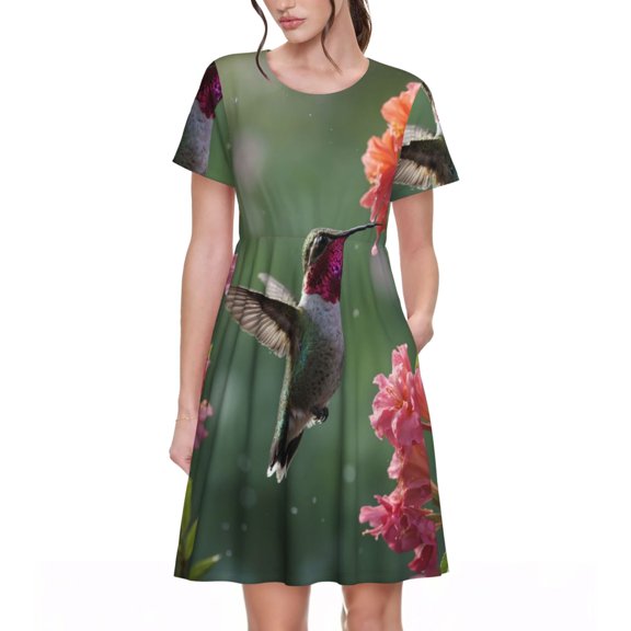 Vsdgher Humming Bird 1 for Womens Summer 2025 Casual Midi Maxi Dresses Lightweight Short Sleeve Round Neck Beach Dress -XX-Large